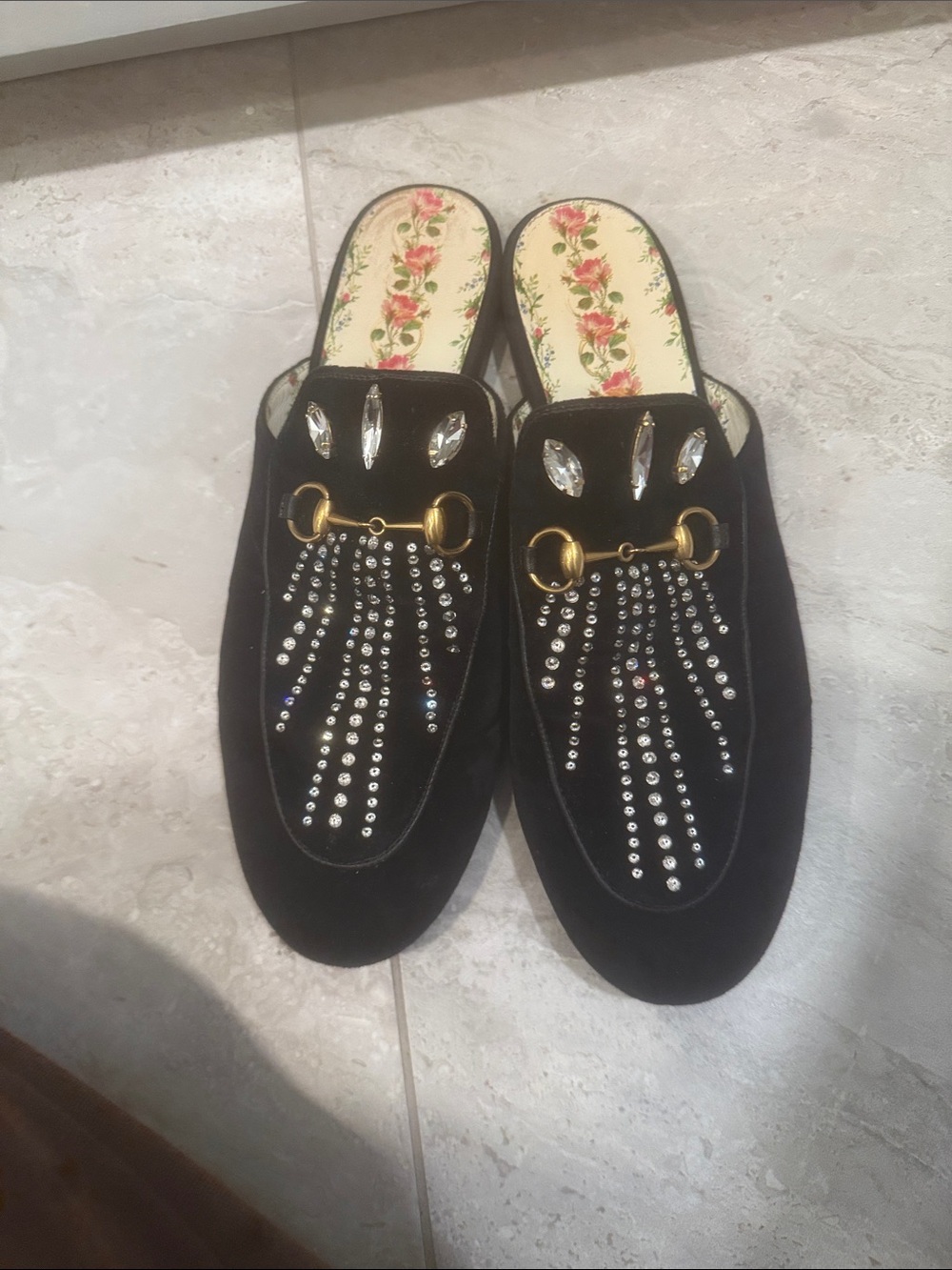 Gucci Black Velvet Crystal Horsebit Mules